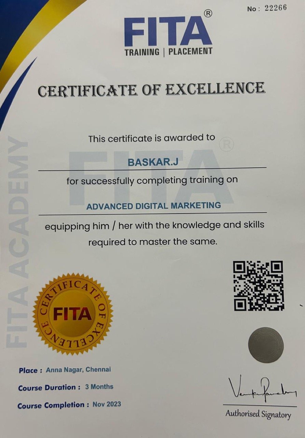 Advanced Digital Marketing certificate issued by FITA Academy