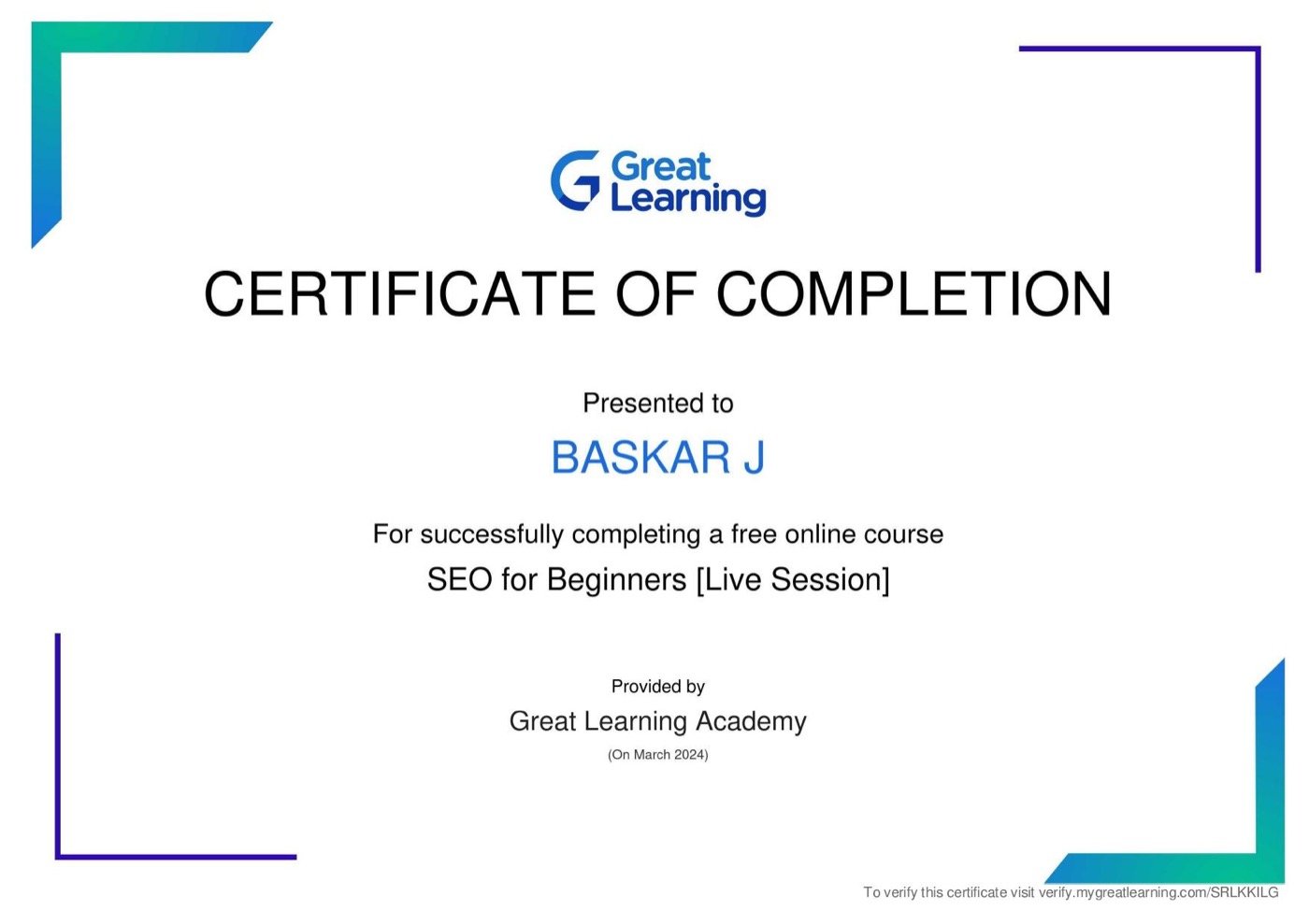 SEO for Beginners certificate issued by Great Learning Academy