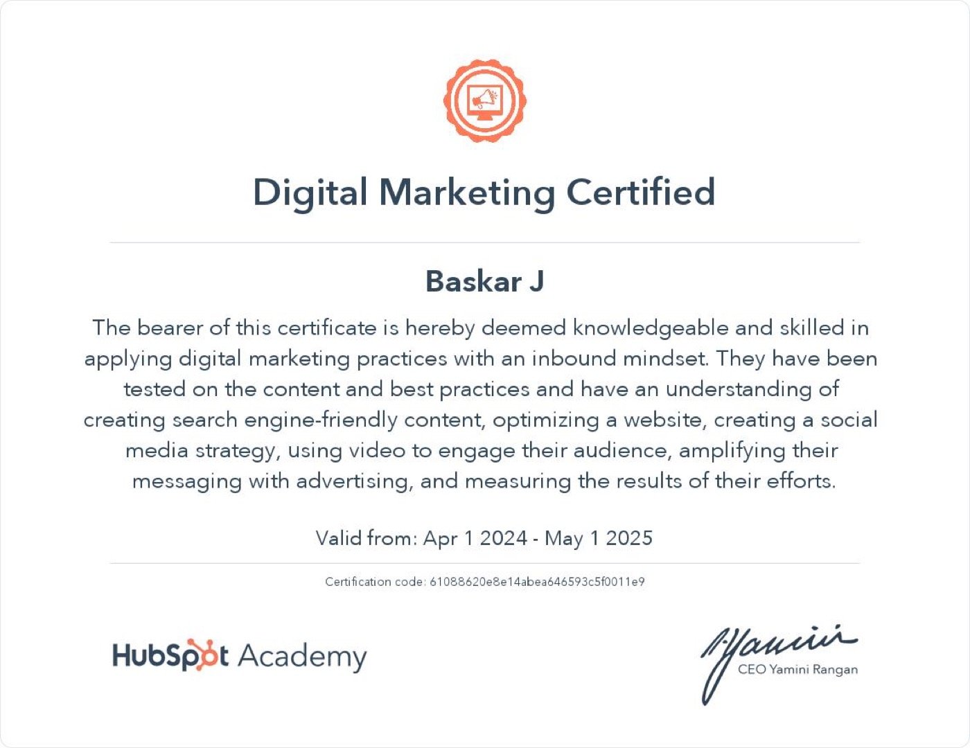 Digital Marketing Certified certificate issued by HubSpot Academy
