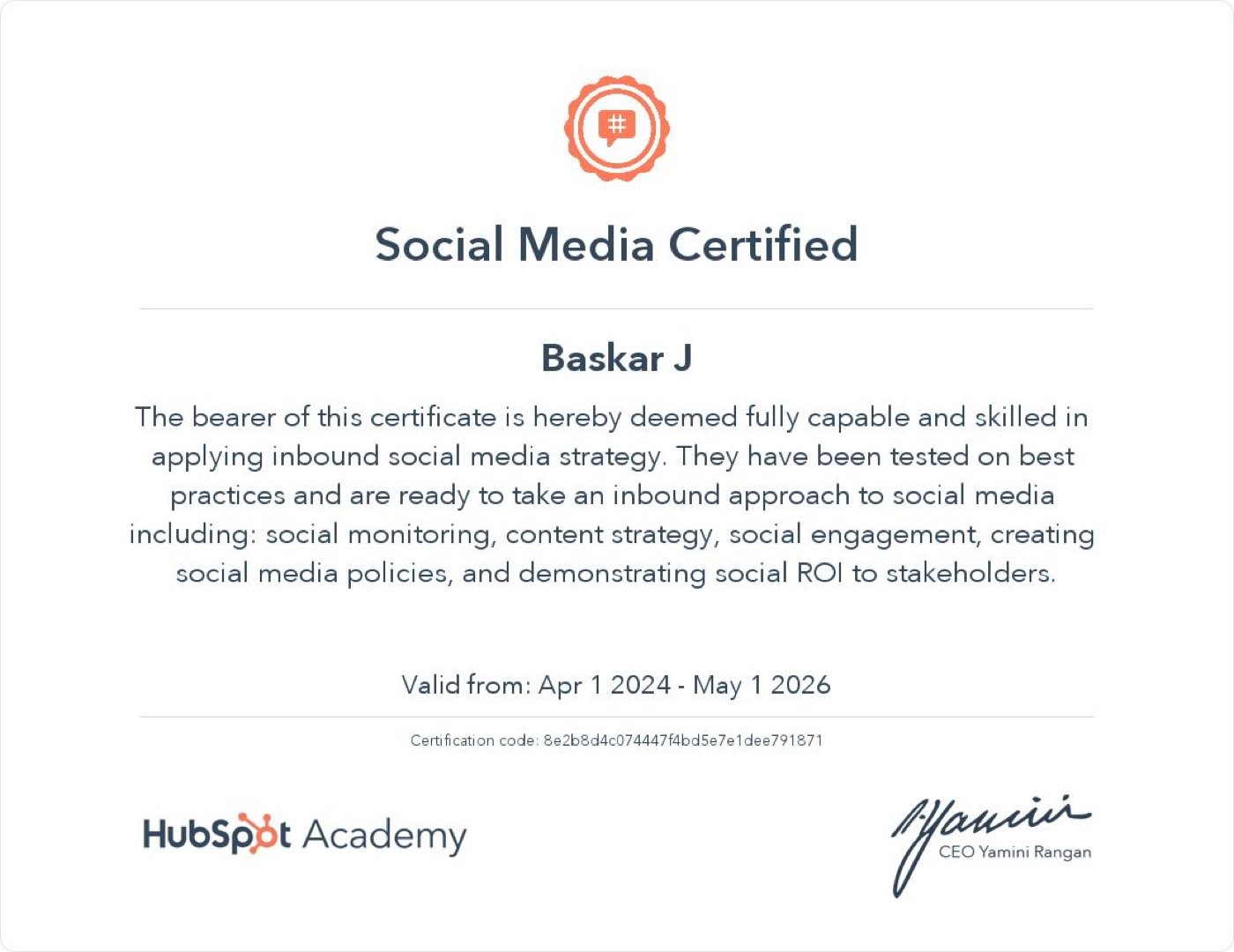 Social Media Certified certificate issued by HubSpot Academy